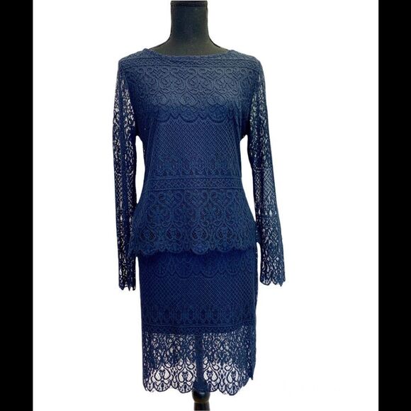 ADIVA Navy blue stretchy lace overlay long sleeve skirt blouse set size medium - Picture 13 of 14